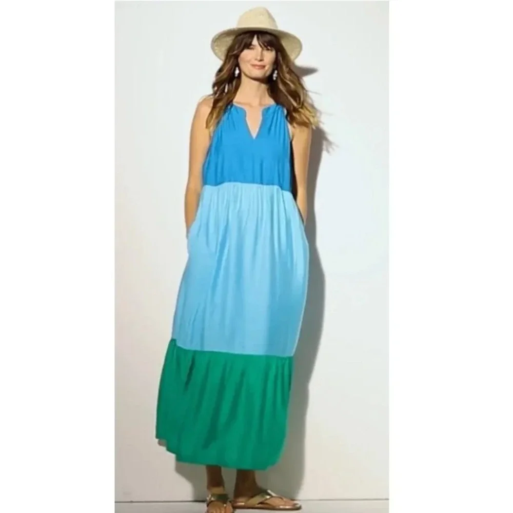 J. Jill Maxi Dress PM Blue Green Colorblock Tiered Boho Coastal Summer - Picture 3 of 16